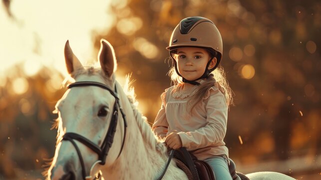 A child riding on horse at the equestrian club, Kids sports activities.