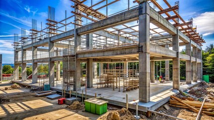 Fototapeta premium A partially built concrete structure with exposed steel beams, scaffolding, and miscellaneous construction materials scattered around.
