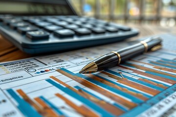 A Pen and Calculator Resting on a Financial Report With Bar Graphs