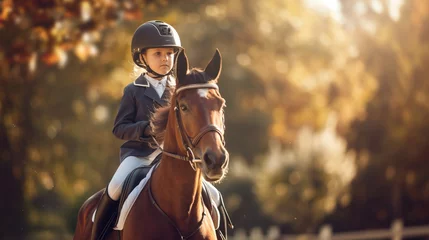 Rolgordijnen zonder boren A child riding on horse at the equestrian club, Kids sports activities. © Oulaphone