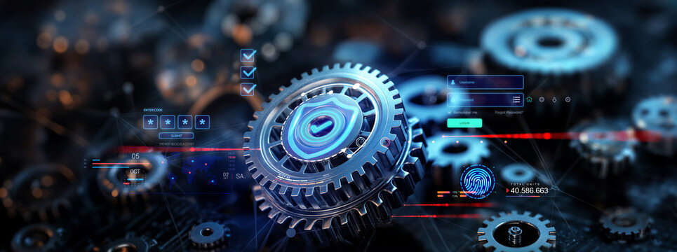 cyber security and privacy password and identity protection among mechanical cogwheels or gear system for business strategy and planning success and  hardware lock technology and technical process