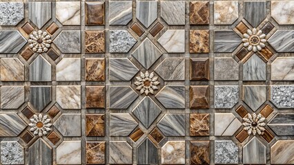Luxurious grey marble and rich wood mosaic tile plate texture featuring intricate designs for upscale architectural backgrounds and designs.