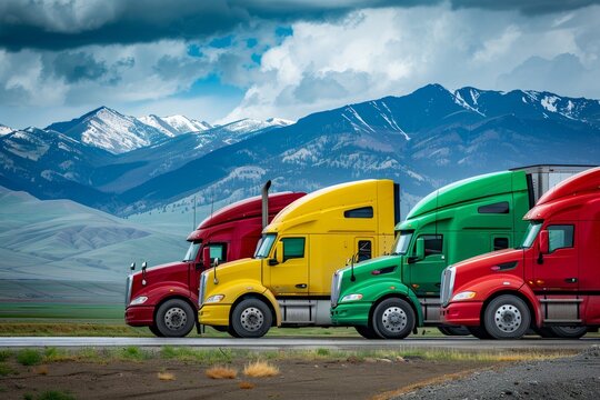 Primary colored semi trailer trucks are parked together at a rest stop in North America