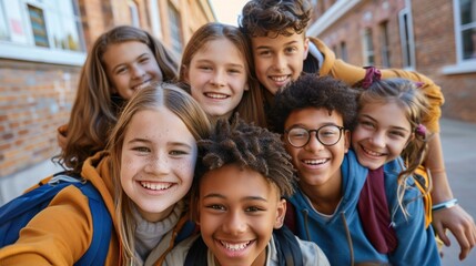 Fototapeta premium Group of smiling little school children selfie together near school campus. Back to school concept.
