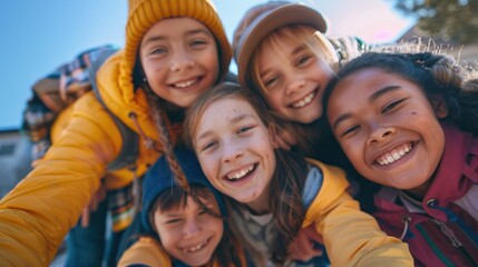 Obraz premium Group of smiling little school children selfie together near school campus. Back to school concept.