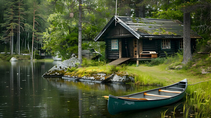 Cabin on a Lake with Canoe - Realistic Image