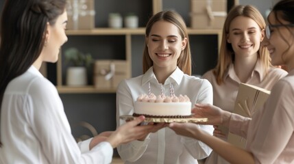 Group of young smiling business people congratulating their happy female colleague on her birthday giving her birthday cake and present gift boxes on workplace in office. Corporate party