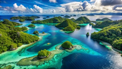 Fototapeta premium Breathtaking panoramic aerial view of serene turquoise ocean lagoon surrounded by lush green tropical islands and coral reefs