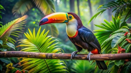 Obraz premium Vibrant toucan perches on tree branch amidst lush tropical vegetation, flaunting its radiant beak and feathers in natural habitat splendor.