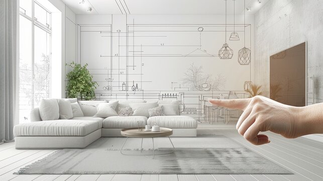 Hand pointing at home interior design drawing and photo-realistic painting of white living room, Sketch design and drawing, Combination of photo and sketch.