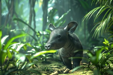 Fototapeta premium A young tropical animal in its lush rainforest habitat, surrounded by vibrant green foliage and illuminated by natural sunlight.