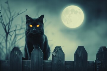 Black Cat with Glowing Eyes Sitting on a Spooky Fence