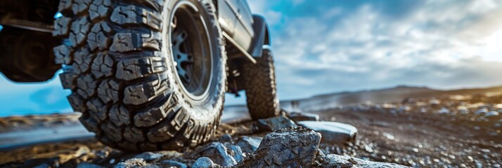 Close-up of off-road truck with large all-terrain tires on a gravel road, Pickup car are stopped on a dirt road, Travel, Road trip, Adventure.