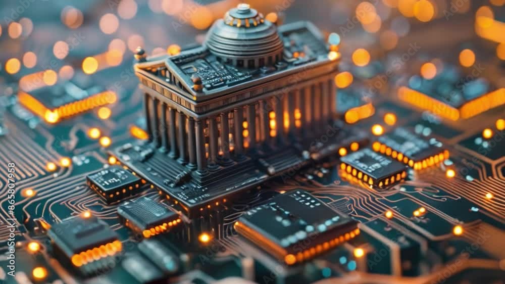 Poster This small model of a classical building sits atop a circuit board.