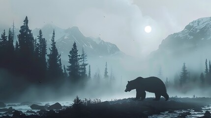 wilderness landscape with bear silhouette and misty mountains. 