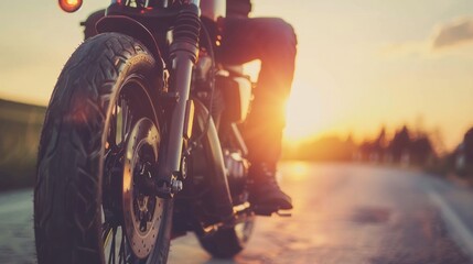 Retro style biker riding on the road at sunset, Vintage bike in action. Road trip. Travel. Speed and freedom concept.