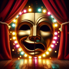typical theater mask with colorful scenes