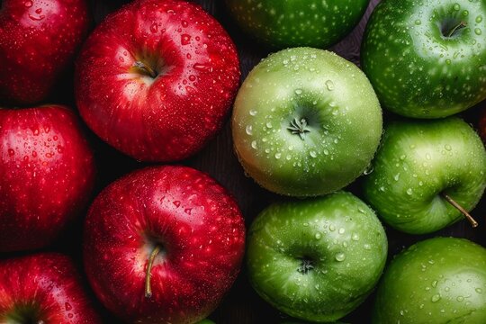 Red and green apples against a ripe apple background