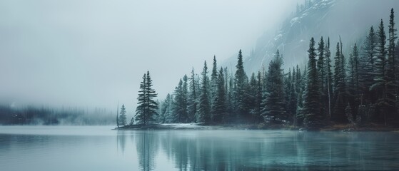 Fototapeta premium Minimalist Nature Wallpaper for Ultrawide Screen 21:9 , Lakes, trees, and misty mountainsides