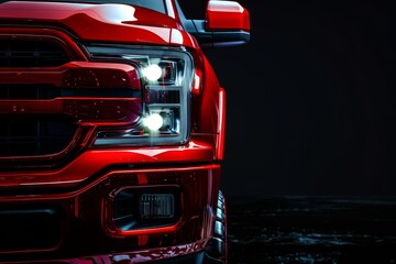 Red LED headlight on black background with space for text