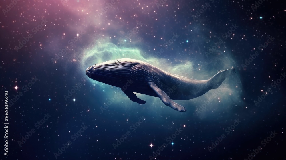 Wall mural surreal art design of a whale floating in space with a cosmic background and starry sky. digital art