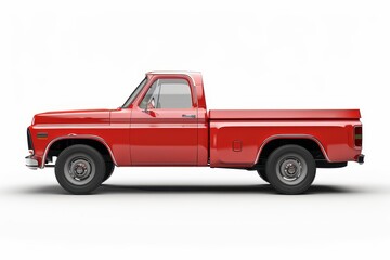 Red pickup truck seen from the side against a white background