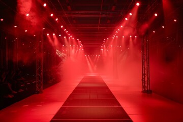 Red runway with red lighting smoke spotlight black walkway video camera empty seats copy space