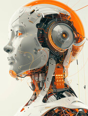 A digital illustration of an AI robot head with a futuristic design, surrounded by circular orange and white technical patterns
