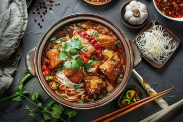 Rice noodles with bitter gourd brown soup braised and stewed drum chicken blood chicken topped with bitter gourd chili vegetable and crispy