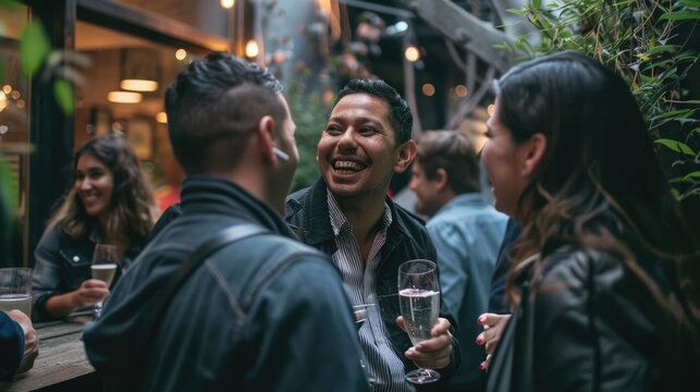 Group of diverse friends hanging out at a bar and laughing at a joke one of them just told. AIG535 - Powered by Adobe