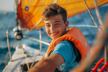 Teenage boy sailing on sea yacht enjoying healthy water sport on ocean vacation