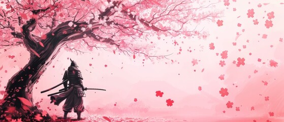 Naklejka premium Samurai Standing Under a Cherry Blossom Tree with Fruits, Surrounded by Falling Petals in a Serene and Picturesque Japanese Landscape