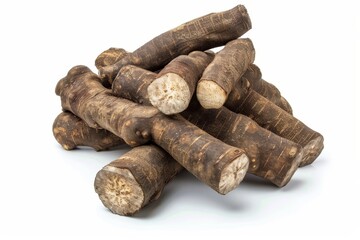 The cassava stack on a white background is for tapioca or ethanol production