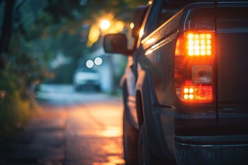 The pickup truck s seen taillight with a blurry car in the evening garden