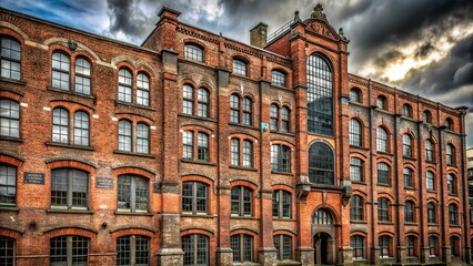 Fototapeta premium Ancient industrial red-brick facade of a historic Manchester building with ornate stonework, arched windows, and soot-stained walls under gray sky.