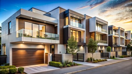 Fototapeta premium Sleek modern townhouses with clean lines, angular facades, and minimalist aesthetics, showcasing contemporary residential design and private urban living spaces