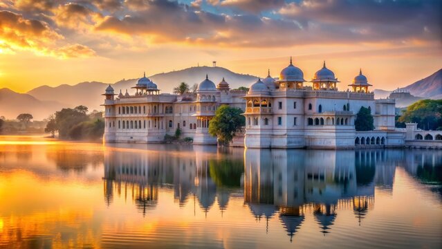 Majestic white marble architecture of Udaipur Palace reflecting in serene Lake Pichola at sunset with surrounding misty hills.