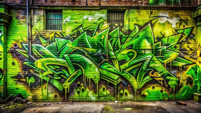 Vibrant acid green abstract graffiti poster featuring textured paint, scribbles, and throw-up pieces on a gritty urban street art background.