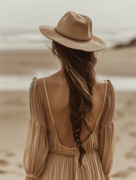 a woman standing on top of a sandy beach, beige fedora, open back dress, brown colored long hair, portrait shot photo, feeling of mystery, voluminous sleeves, thin lustrous hair.