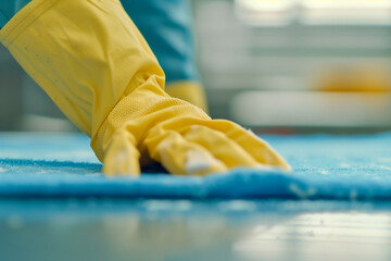A person wearing yellow gloves is cleaning a blue carpet