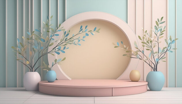 una habitacion o cuarto con macetas con plantas decorativas minimalistas con un escenario o tarima en 3d en tonos pastel 
