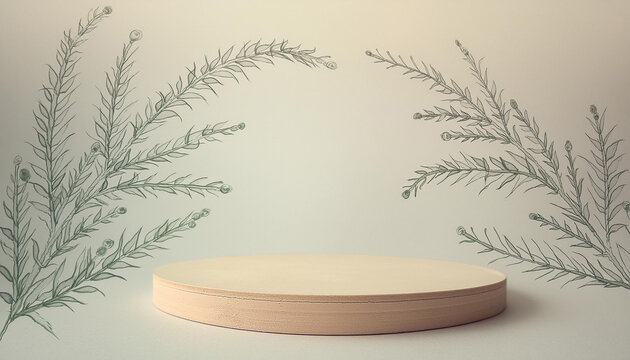 escenario con una tarima circular con decoracion de ramas con plantas decorativas para fotografia de producto con espacio para copiar
