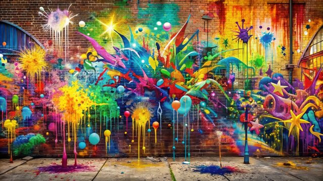 Vibrant abstract graffiti poster featuring colorful tags, paint splashes, scribbles, and throw-up pieces in a dynamic street art background design.