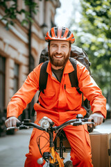 Naklejka premium A man in an orange jumpsuit is smiling and riding a bicycle