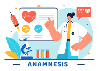 Vector Illustration of an Anamnesis System Providing Information About Diseases and Healthcare Databases in a Flat Style Cartoon Background