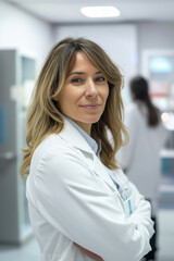 A woman in a white lab coat is standing in a room with a smile on her face