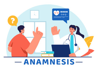 Vector Illustration of an Anamnesis System Providing Information About Diseases and Healthcare Databases in a Flat Style Cartoon Background