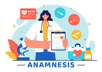 Vector Illustration of an Anamnesis System Providing Information About Diseases and Healthcare Databases in a Flat Style Cartoon Background