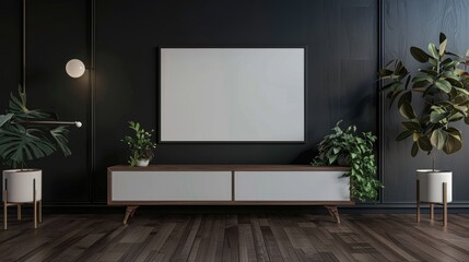 Empty Mockup frame on cabinet in living room interior on empty dark wall background