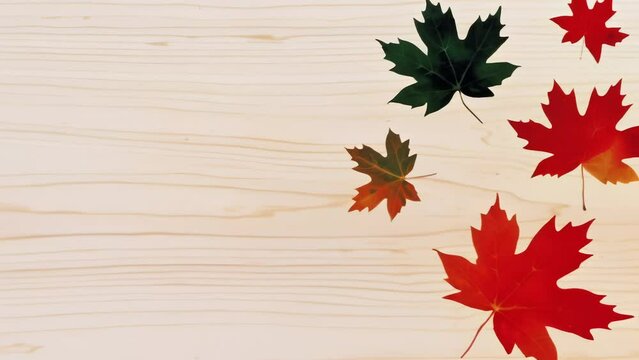 Colorful maple leaves scattered across light wooden surface. Vibrant red, green, and burgundy foliage contrasts with pale wood grain. Simple composition highlights autumn's beauty. 